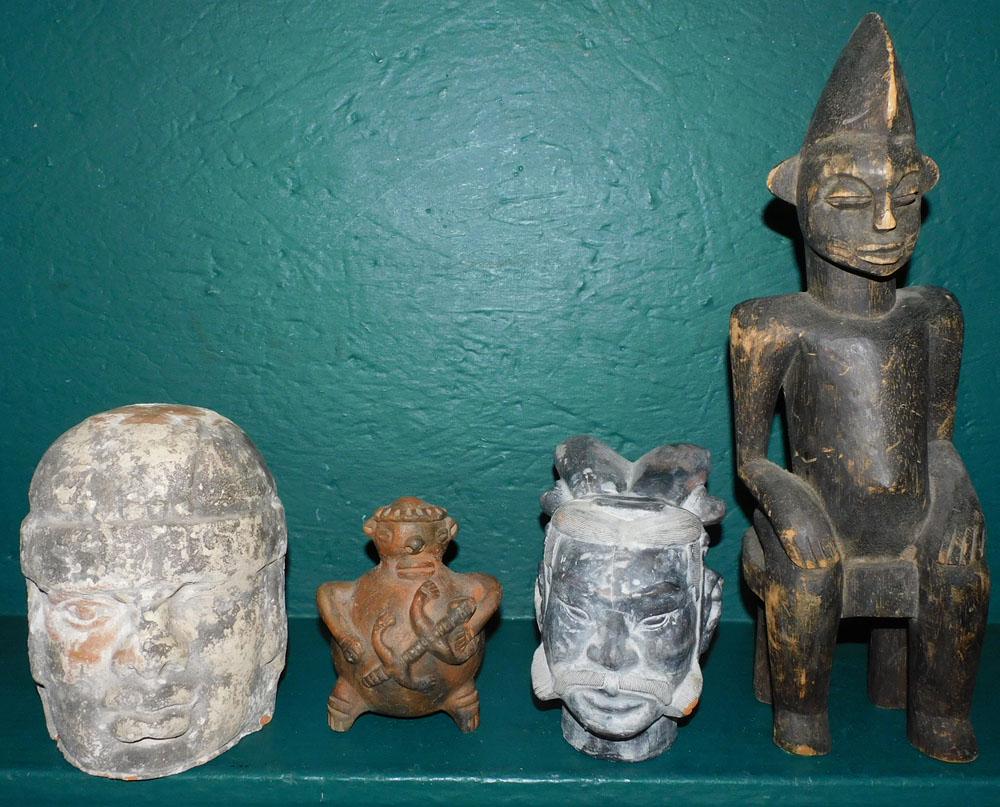 Pre-Colombian Style Terracotta Busts, Figural Pottery Whistle, & Carved Wood African Figure (1 of 5)