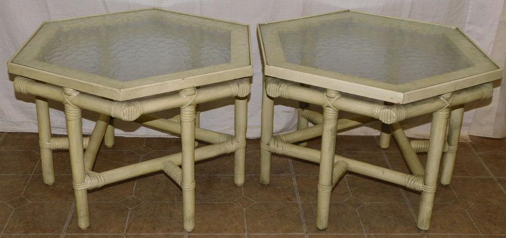Pair of Painted Rattan Hexagon Shaped Glass Top Tables (1 of 3)