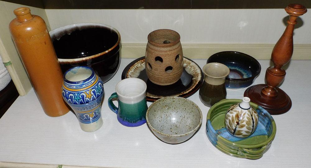 Lot of Pottery Items & Ironstone Beer Bottle: Lot of Pottery Items & Ironstone Beer Bottle . Up to 11" H