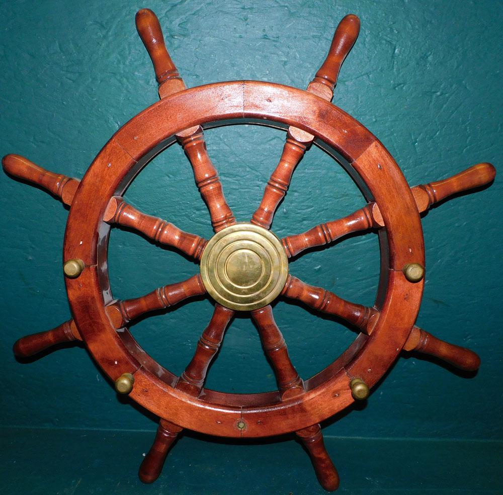 Carved Wood & Brass Ship's Wheel (1 of 2)