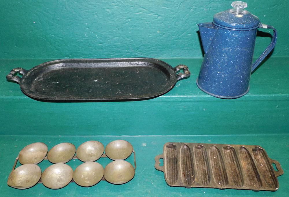 Cast Iron Skillet, Corn Tray, Enamel Tea Pot, & Tole Muffin Tray (1 of 4)