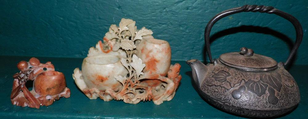 2 Soapstone Vases & Oriental Tea Pot (1 of 3)