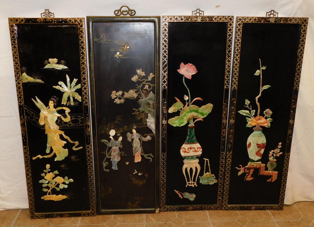 4 Black Lacquered Oriental Panels with Stone Decoration (1 of 4)