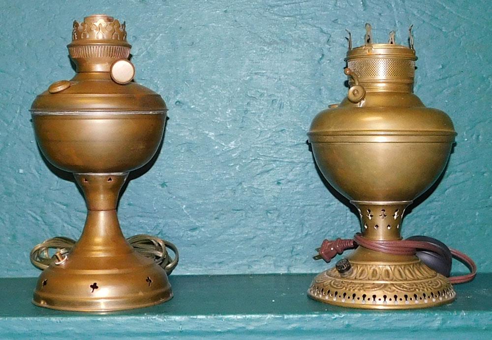 2 Brass & 1 Nickel Plated Oil Lamps: 2 Brass & 1 Nickel Plated Oil Lamps. 11 1/2" H