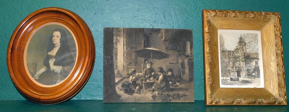 Walnut Framed Print of Lady, Resin Tile, & Framed Print on Fabric: Walnut Framed Print of Lady, Resin Tile, & Framed Print on Fabric.