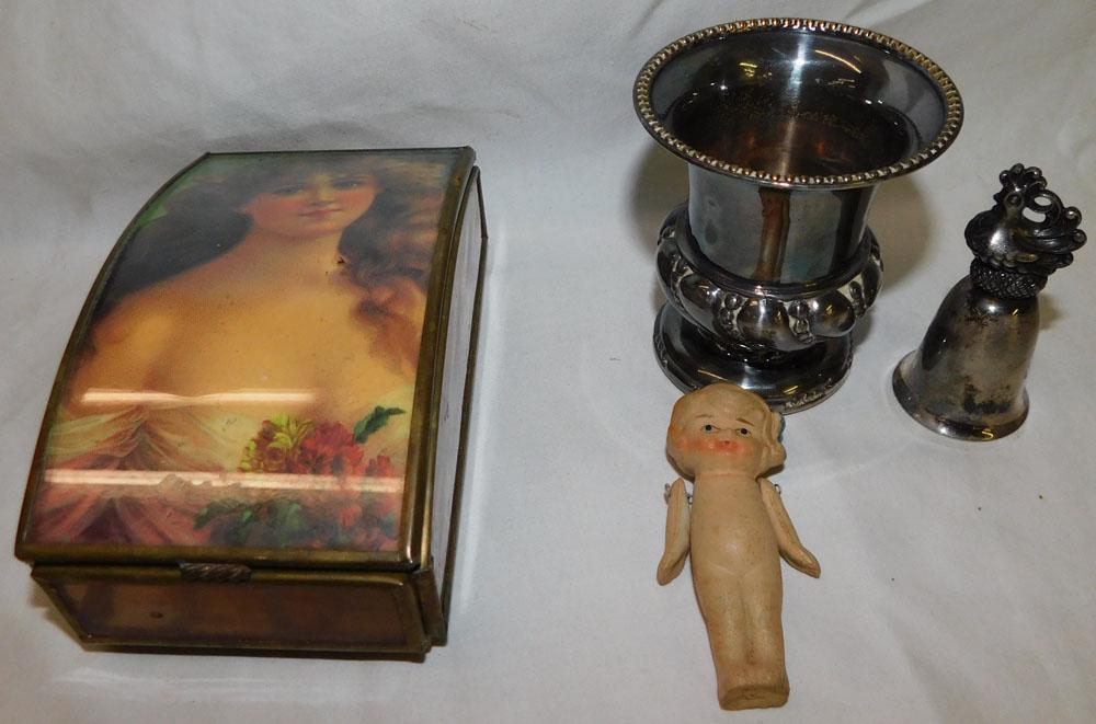 Dresser Box, Silverplated Toothpick Holder, Bell, & Miniature Doll (1 of 2)