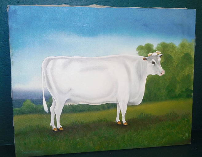 Country Scene Folk Art Painting On Canvas Of A Cow By Artist Paul N