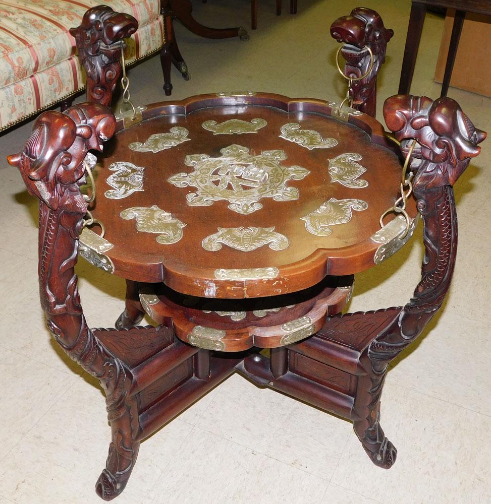 Rosewood Carved Oriental 2 Tier Stand with Dragon Motif (1 of 5)