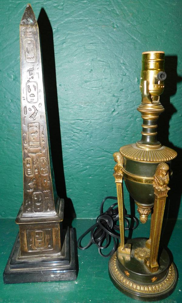 Bronze Obelisk & Gilt Bronze Egyptian Lamp: Bronze Obelisk & Gilt Bronze Egyptian Lamp. 17 1/2" H - Largest