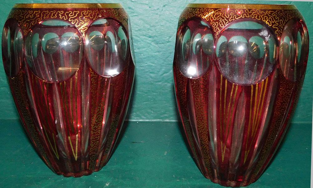 Pair of Ruby Cut to Clear Vases with Gold Enamel Decoration (1 of 2)
