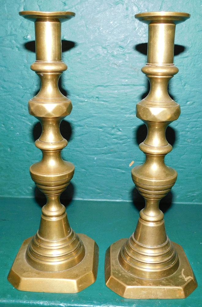 Pair of 19th C Brass Beehive Pushup Candlesticks (1 of 1)