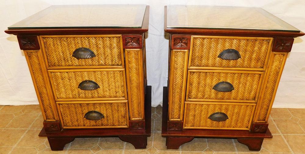 Pair of Mahogany & Wicker Rattan 3 Drawer Night Stands (1 of 5)