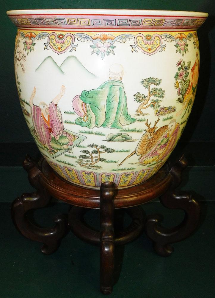 Oriental Porcelain Fish Bowl On Teak Wood Stand (1 of 3)
