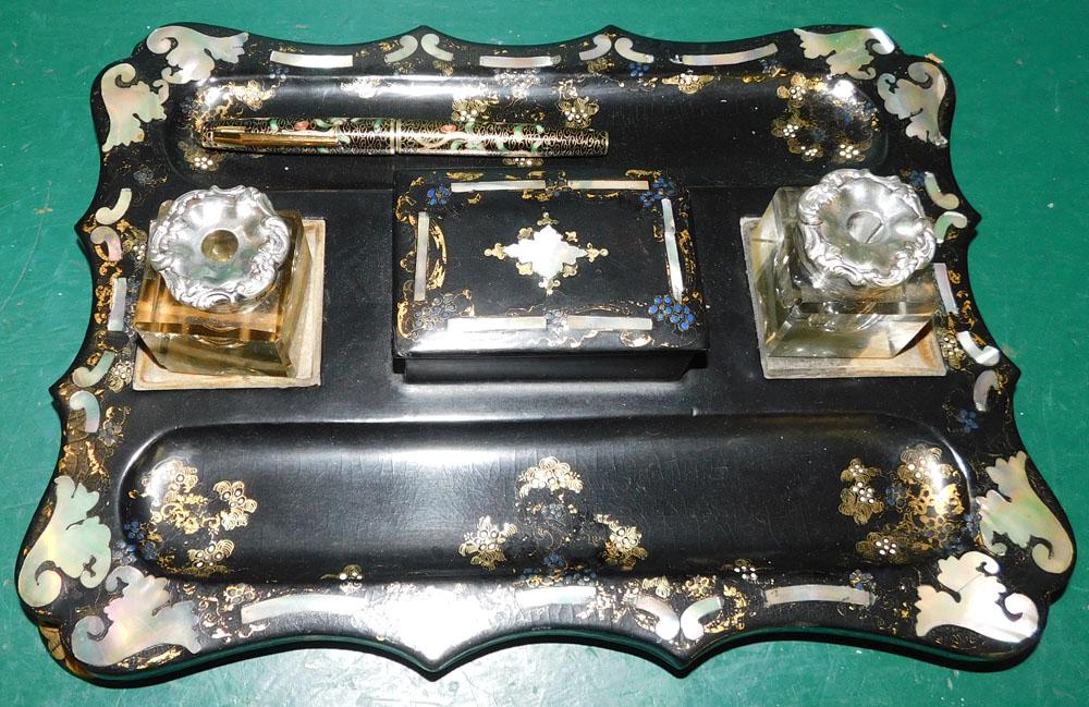 Mother of Pearl English Desk Set with Cloisonne Pen Signed Betteridge & Jenson (1 of 2)