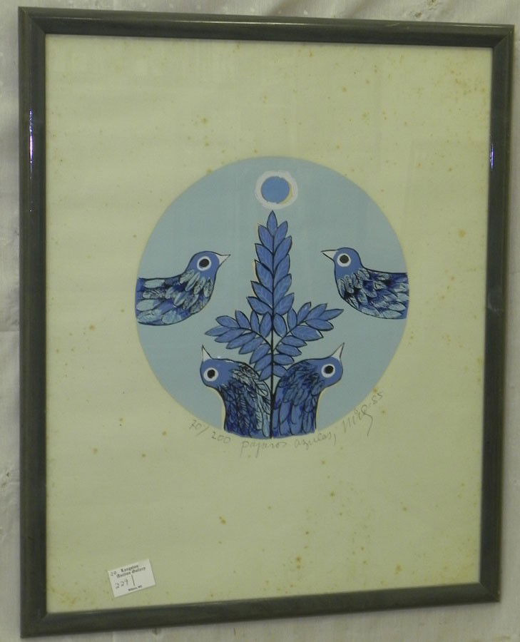 Lithograph 70/299, signed Bido? "Pajaros Azules": Framed numbered lithograph 70/299, signed Bido? "Pajaros Azules", 1985 (18 1/4" x 22")