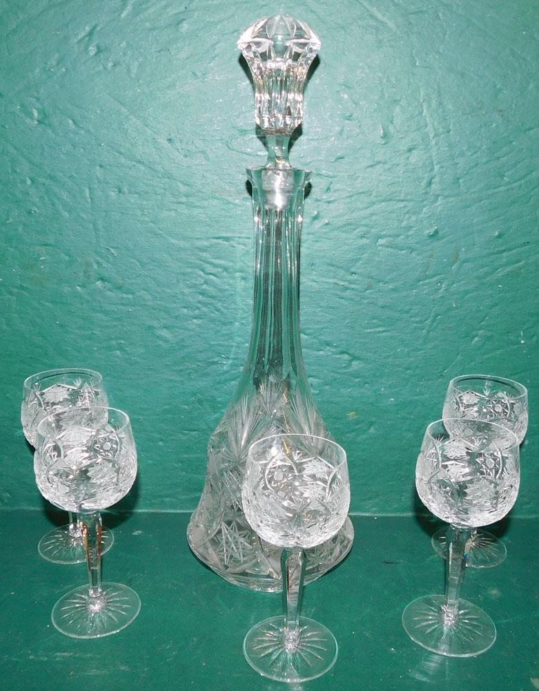 Cut Glass Decanter & 5 Wine Glasses: Cut Glass Decanter & 5 Wine Glasses. Decanter: 15 3/4" H