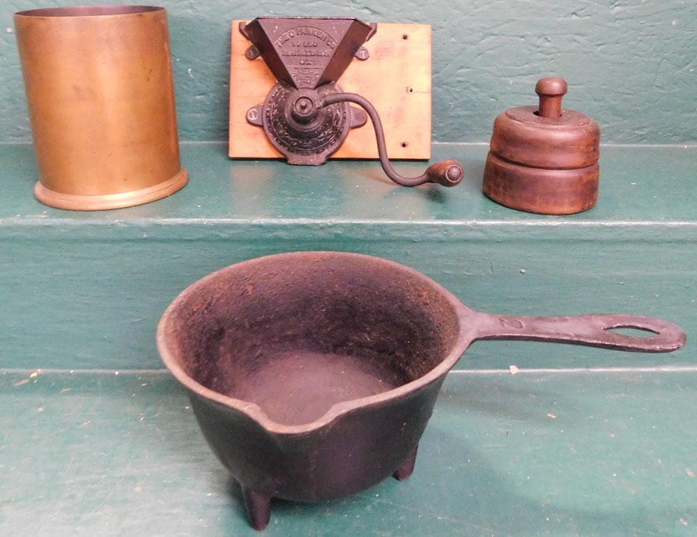 Cast Iron Pot, Coffee Mill, Shell Casing Vase, & Butter Mold (1 of 5)