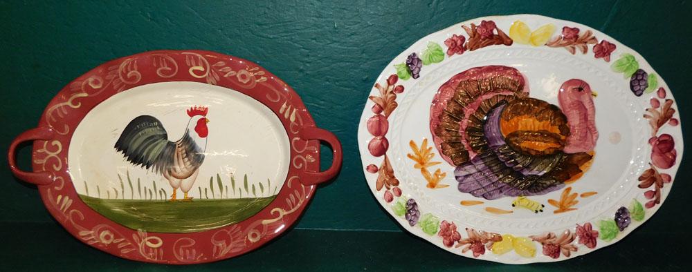 Two Paint Decorated Rooster & Turkey Platters (1 of 3)