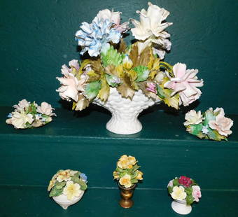 Capodimonte Flower Centerpiece, Candlesticks, & English Porcelain Flower Arrangements: Capodimonte Flower Centerpiece, Candlesticks, & English Porcelain Flower Arrangements. Up to 12" H