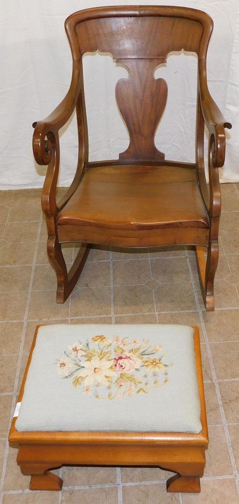 Antique Mahogany Rocker & Needlepoint Top Footstool (1 of 3)