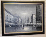 Oil on Canvas Black & White French Street Scene Signed Burnett