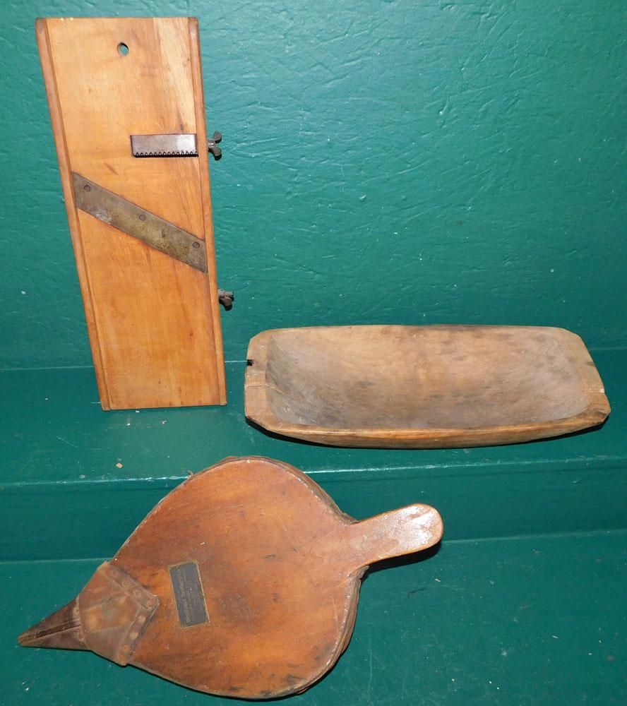 Antique Wood Bowl, Bellow, & Primitive Slicer: Antique Wood Bowl, Bellow, & Primitive Slicer. Up to 20 1/2" L