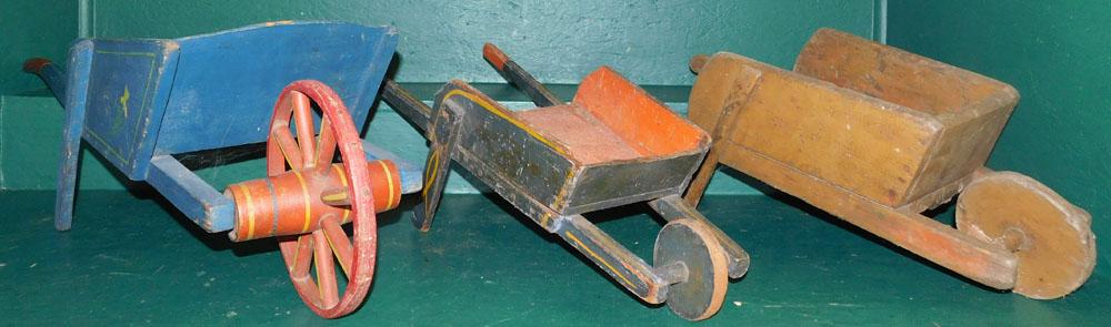 3 Primitive Painted Wood Child's Wheelbarrows (1 of 4)