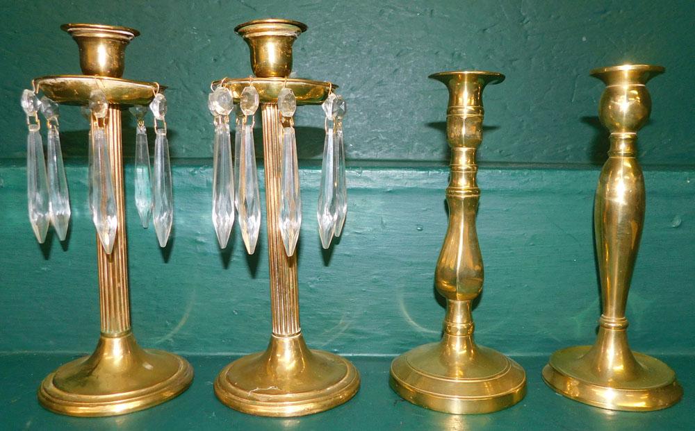 2 Pair of Brass Candlesticks, (1 with Glass Prisms): 2 Pair of Brass Candlesticks, (1 with Glass Prisms). Up to 9" H