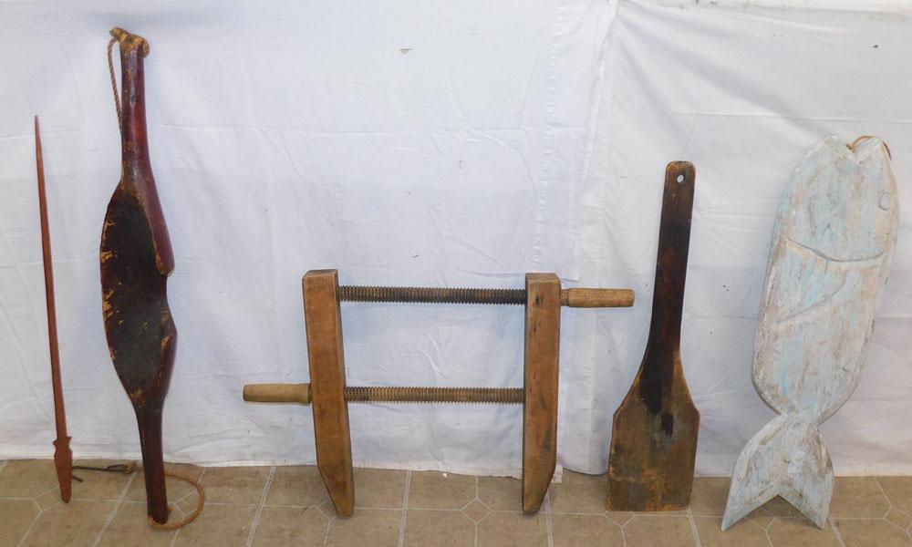 Antique Wood Yoke, Spatula, Fish, & Wood Clamp (1 of 2)