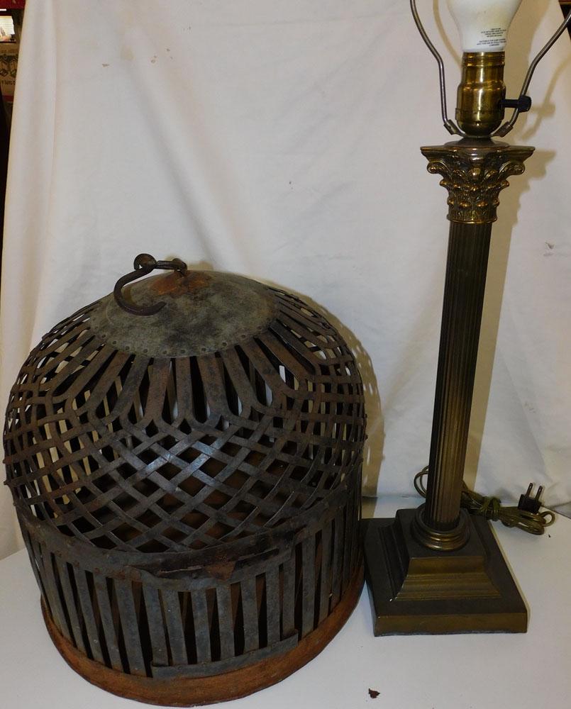 Antique Metal Bird Cage & Brass Column Lamp (1 of 4)