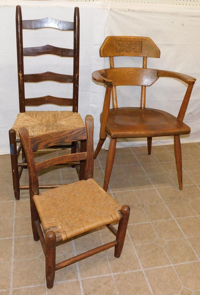 Antique Oak Captains Chair & 2 Ladder Back Chairs (1 of 4)