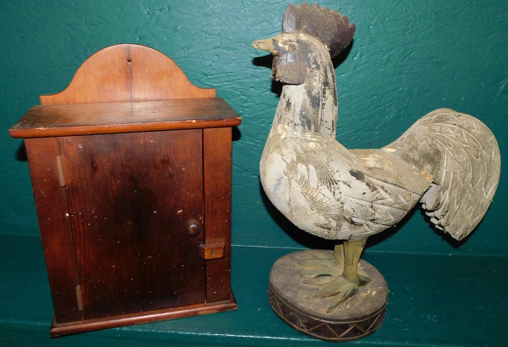 Primitive Pine Small Cabinet & Carved Wood Rooster (1 of 2)