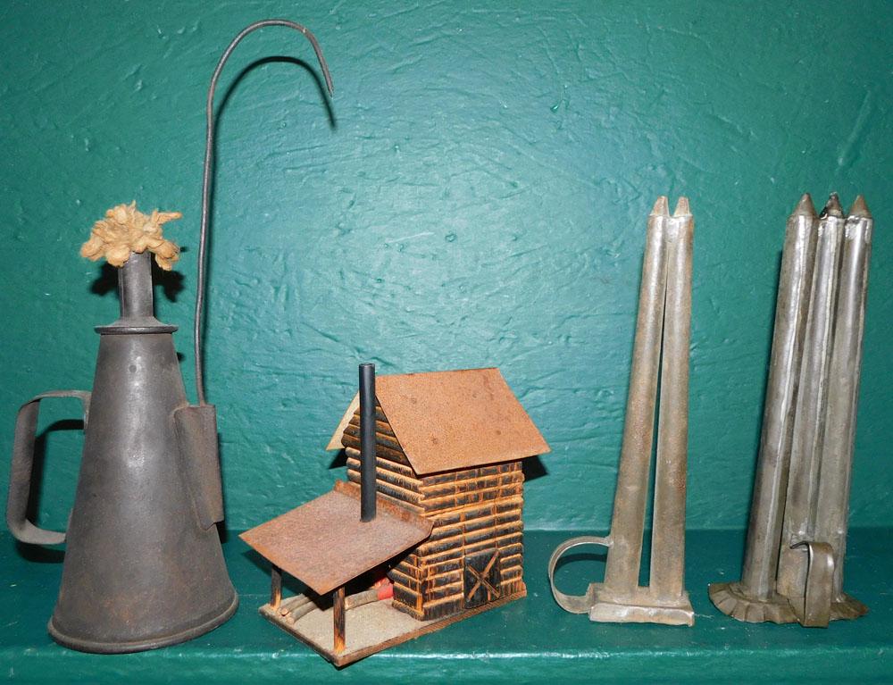 2 Tole Candle Molds, Oil Lamp, & Miniature Vintage Toy Tobacco Barn (1 of 2)