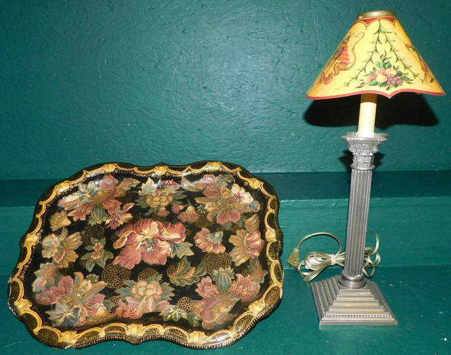 Paper Mache Tray & Silverplated Candlestick Lamp (0794) on Sep 28