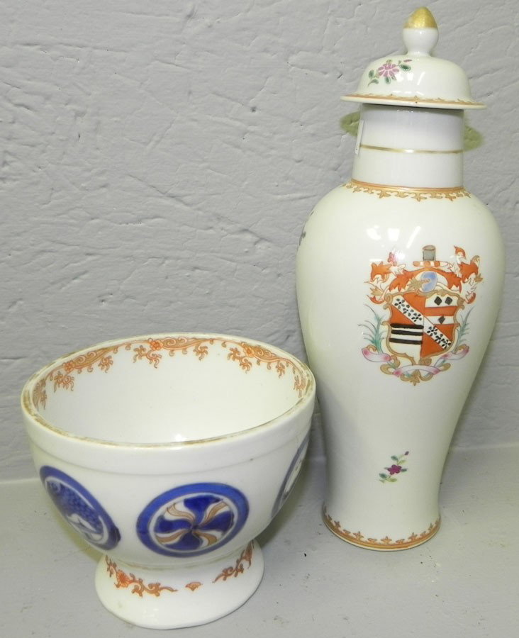 19th c export armorial rice bowl & lidded vase.