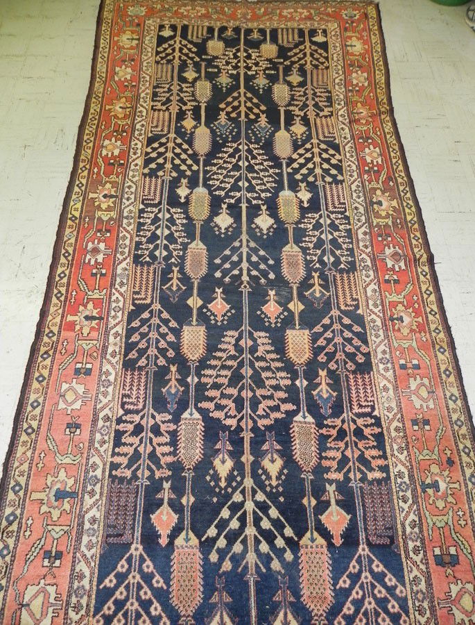 16'6" x 6'5 1/2" antique navy Turkish hall rug: 16'6" x 6'5 1/2" antique navy Turkish hall rug from Durham estate. (needs minor restoration)