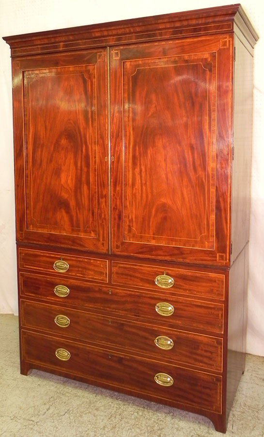 Inlaid mahogany Hepplewhite linen press: Inlaid mahogany Hepplewhite linen press circa 1800. No trays. 49 1/2" wide x 24" deep x 79" tall.