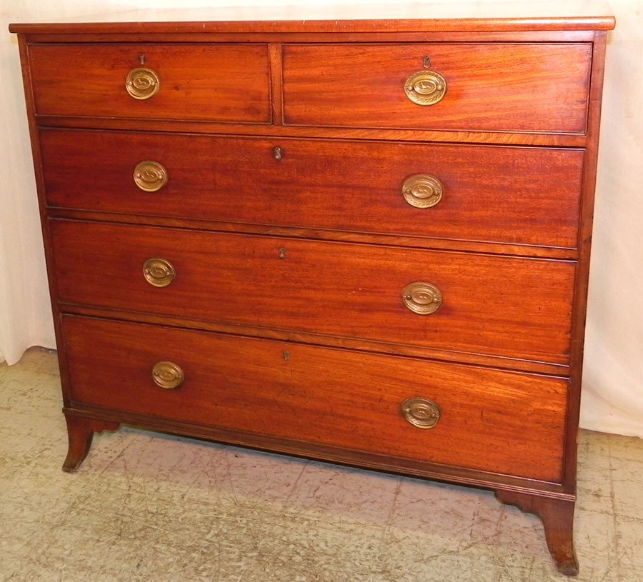19th c English mahogany Hepplewhite chest: 19th century English mahogany Hepplewhite chest with original feet. 45" wide x 22" deep x41 1/2" tall.