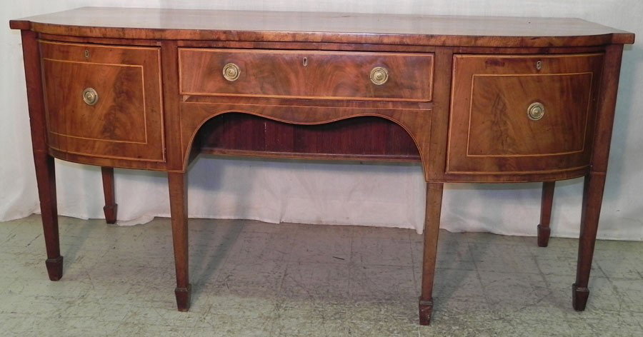 Mahogany inlaid Hepplewhite side board: Mahogany inlaid Hepplewhite side board with 2 cellaret drawers. 73 1/2" long x 28 1/2" deep x 35 1/2" tall.