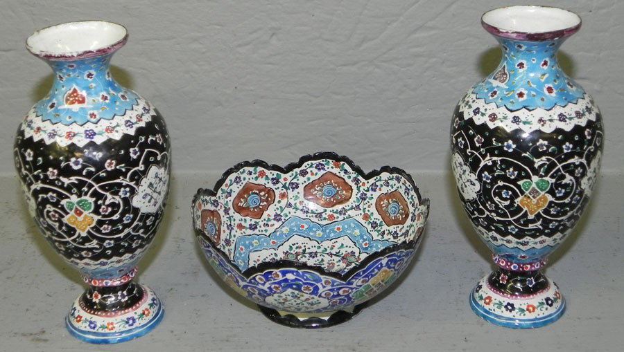 2 Persian enamel vases and a bowl. 20th c.