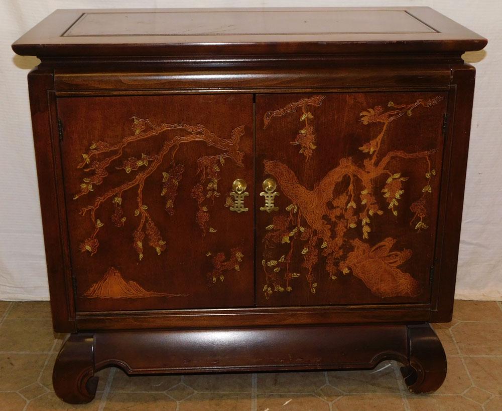 Cherry Oriental Cabinet: Cherry Oriental Cabinet . 31" W 16" D 29" H ALL DESCRIPTIONS AND ANY CONDITION STATEMENT GIVEN BY LANGSTON AUCTION GALLERY ARE STRICTLY AN OPINION AND LANGSTON'S SHALL HAVE NO RESPONSIBILITY FOR ERROR