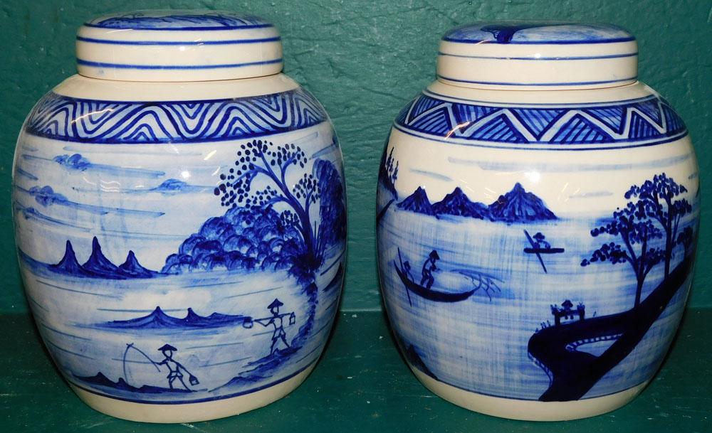 Pair of Oriental Style Porcelain Blue & White Ginger Jars (1 of 3)
