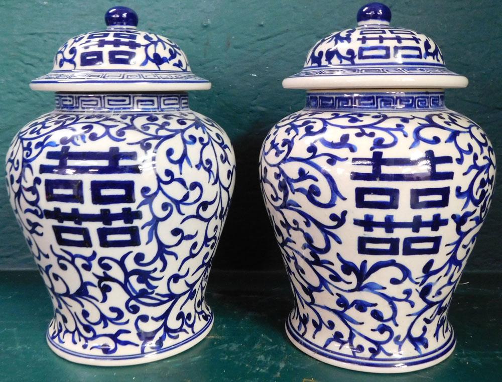 Pair of Oriental Style Blue & White Covered Urns (1 of 2)