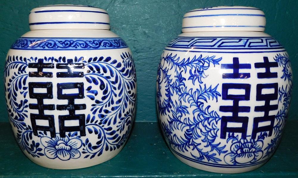 Pair of Oriental Style Porcelain Blue & White Ginger Jars (1 of 3)