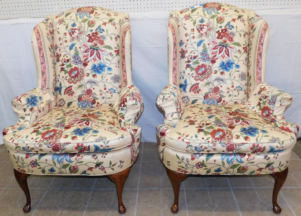 Pair of Upholstered Queen Anne Wing Back Style Chairs (1 of 9)