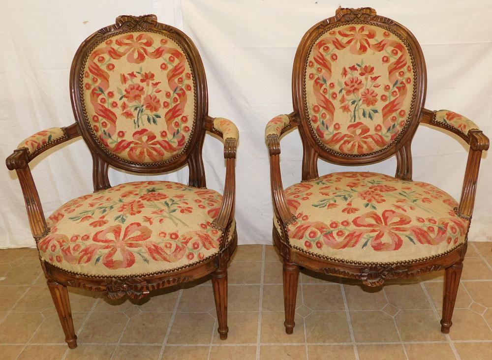 Pair of Antique Carved Walnut French Arm Chairs with Needlepoint Upholstery (1 of 6)