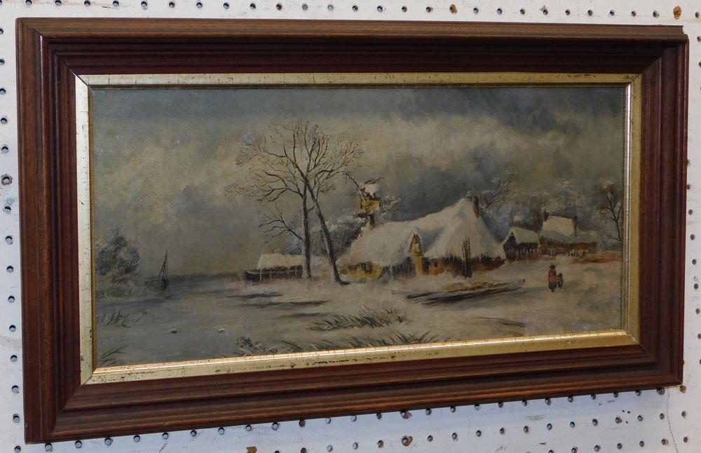 19th C Oil on Canvas of a Dutch Winter Scene in Walnut Frame (1 of 5)