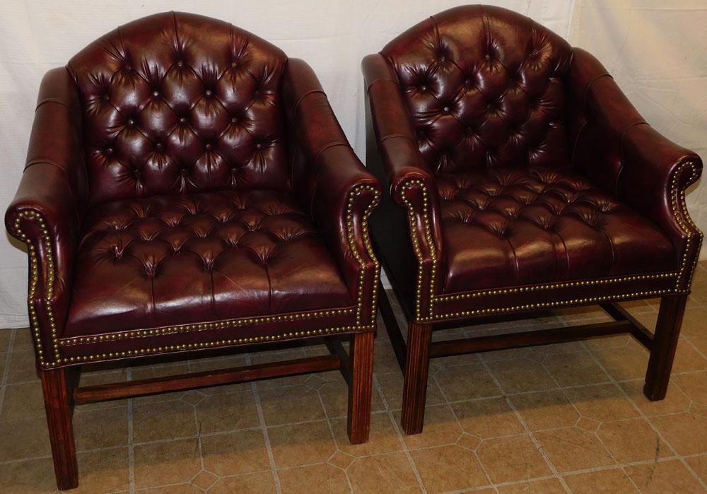 Pair of Chesterfield Chippendale Style Stretcher Base Faux Leather Arm Chairs (1 of 9)