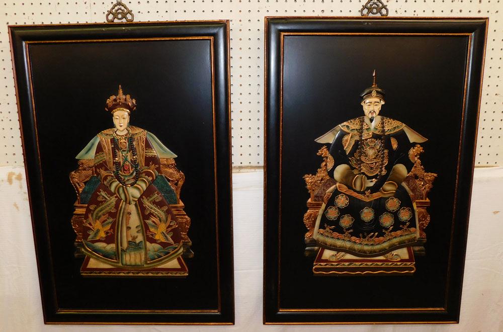 Pair of Painted & Framed Oriental Resin Panels of Nobleman (1 of 9)