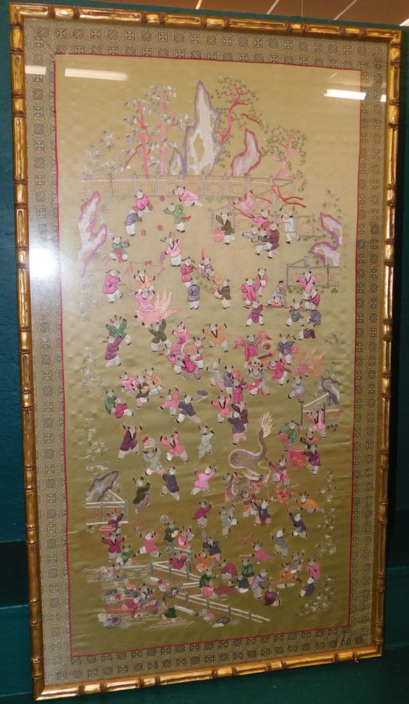 Framed Oriental Silk Embroidery of Children Playing (1 of 8)